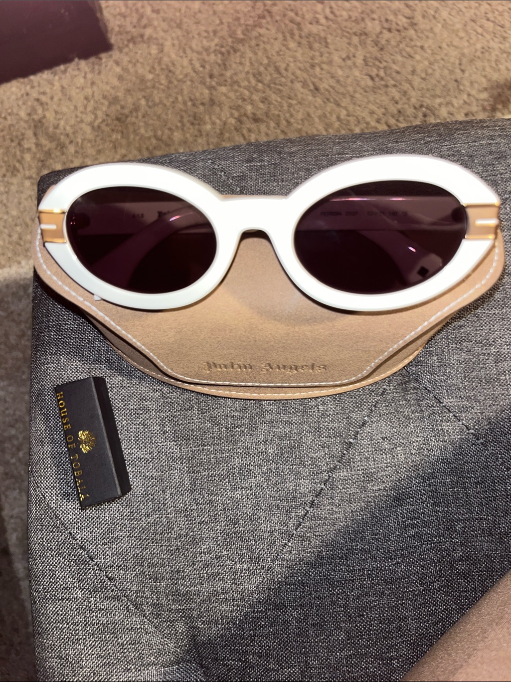 Palm Angels White Oval Sunglasses With Purple Lenses And Gold Accents